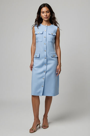 Blue Midi Sheath Work Dress with Buttons